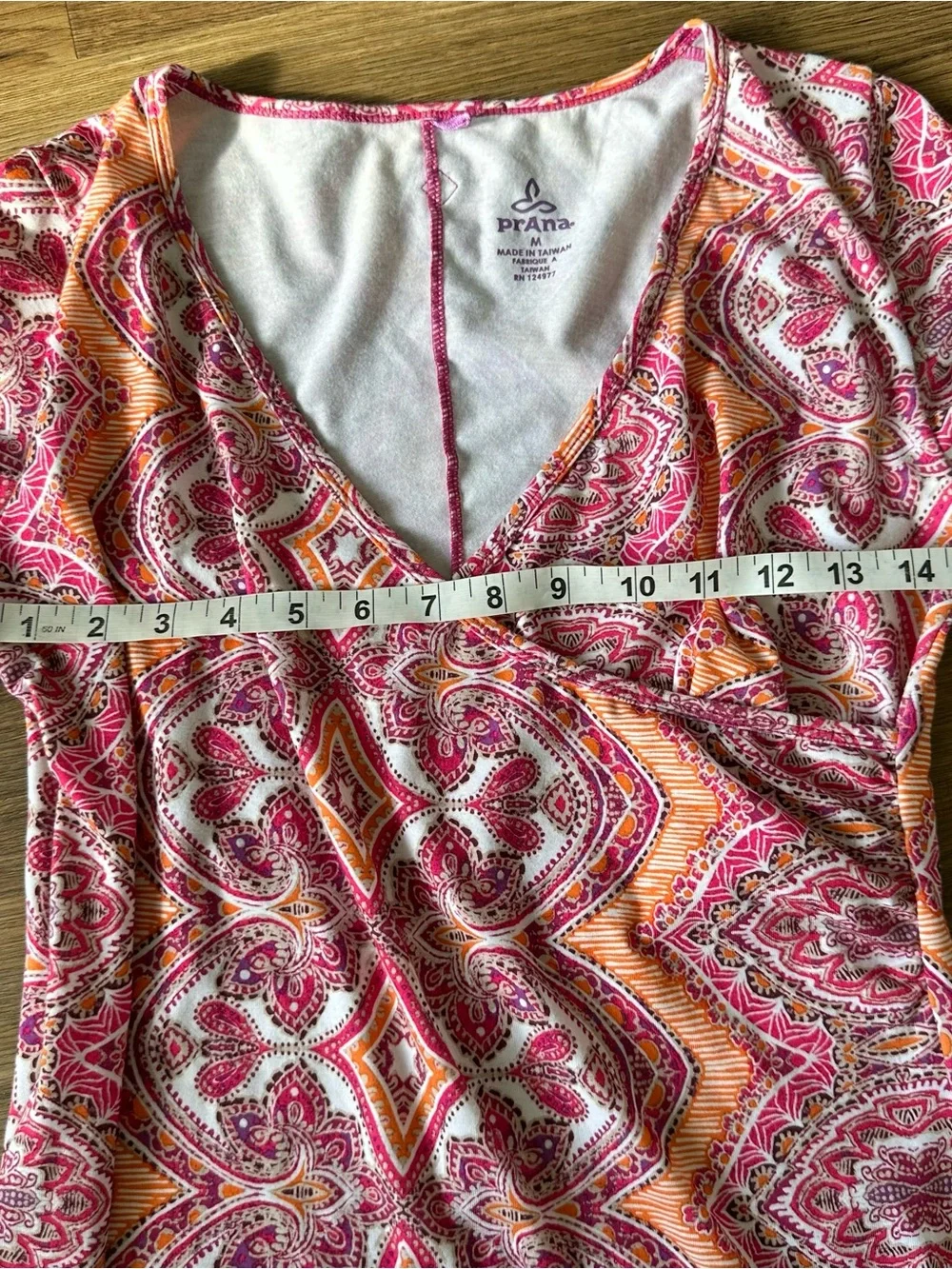 Prana Nadia Faux Wrap Dress Medium V-Neck Orange Pink Pocket Stretch Boho Casual